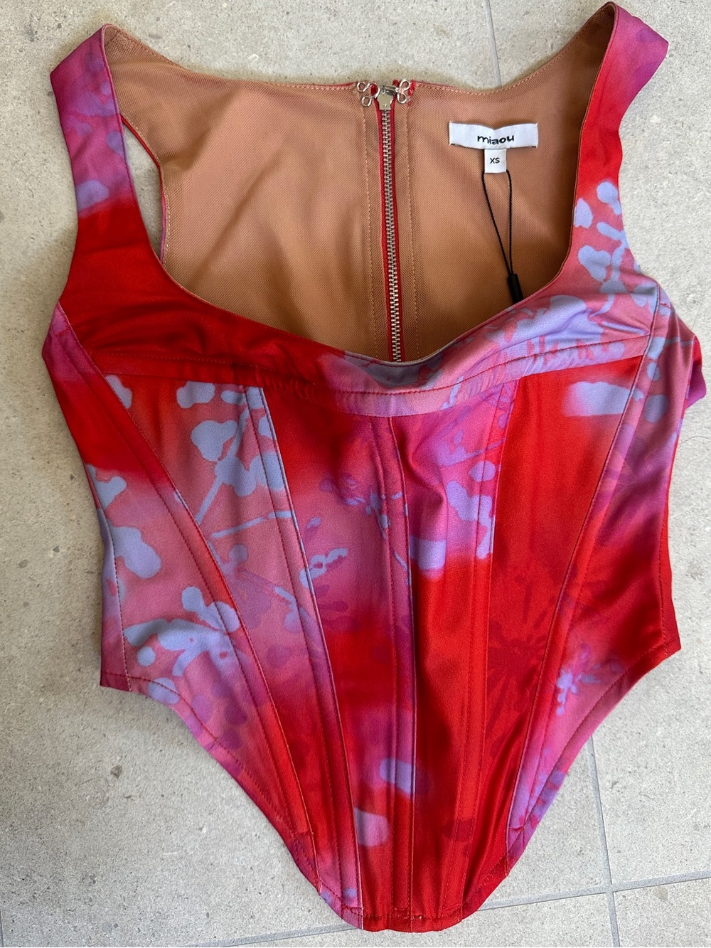 Miaou Campbell Corset NWT red/baby blue print sz xs